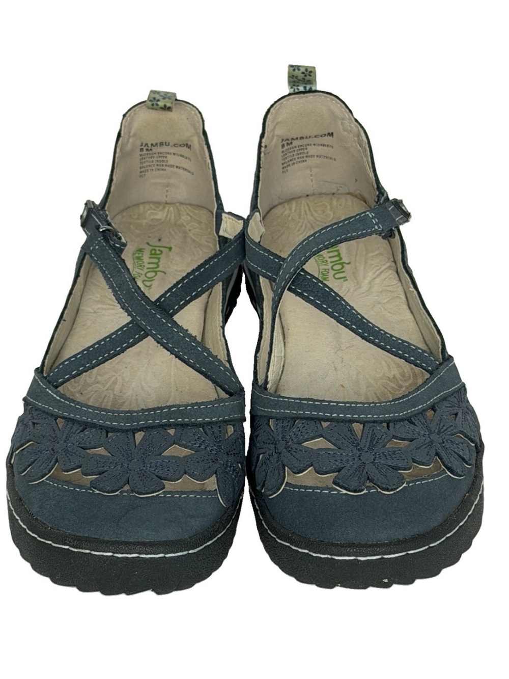 JAMBU Navy Blue Blossom Encore Mary Jane Memory Foam Comfort Walking Sandals 8 M